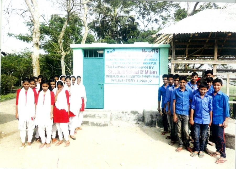 Students from Maupara High School, Bangladesh in front of latrine paid for from fundraising from St Louis School students